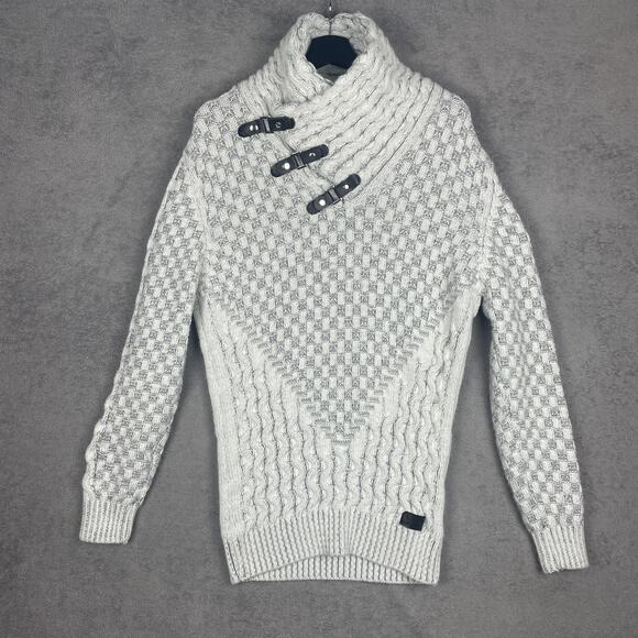 Leif Nelson Mens Large Gray Shawl Collar Toggle Chunky Cable Knit Sweater Cozy - Picture 1 of 12